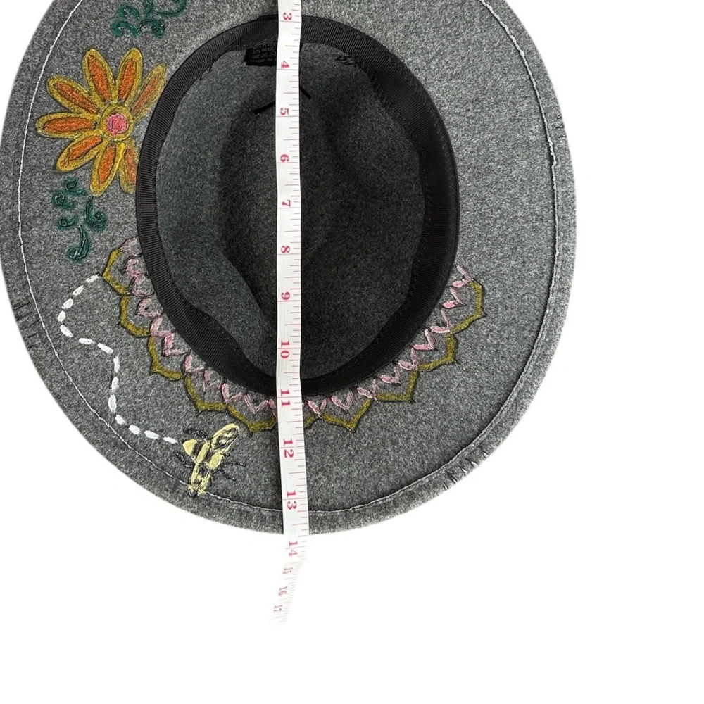 Hand-Painted Wool Fedora Hat | Floral & Bee Design | Artist Signed | NWOT